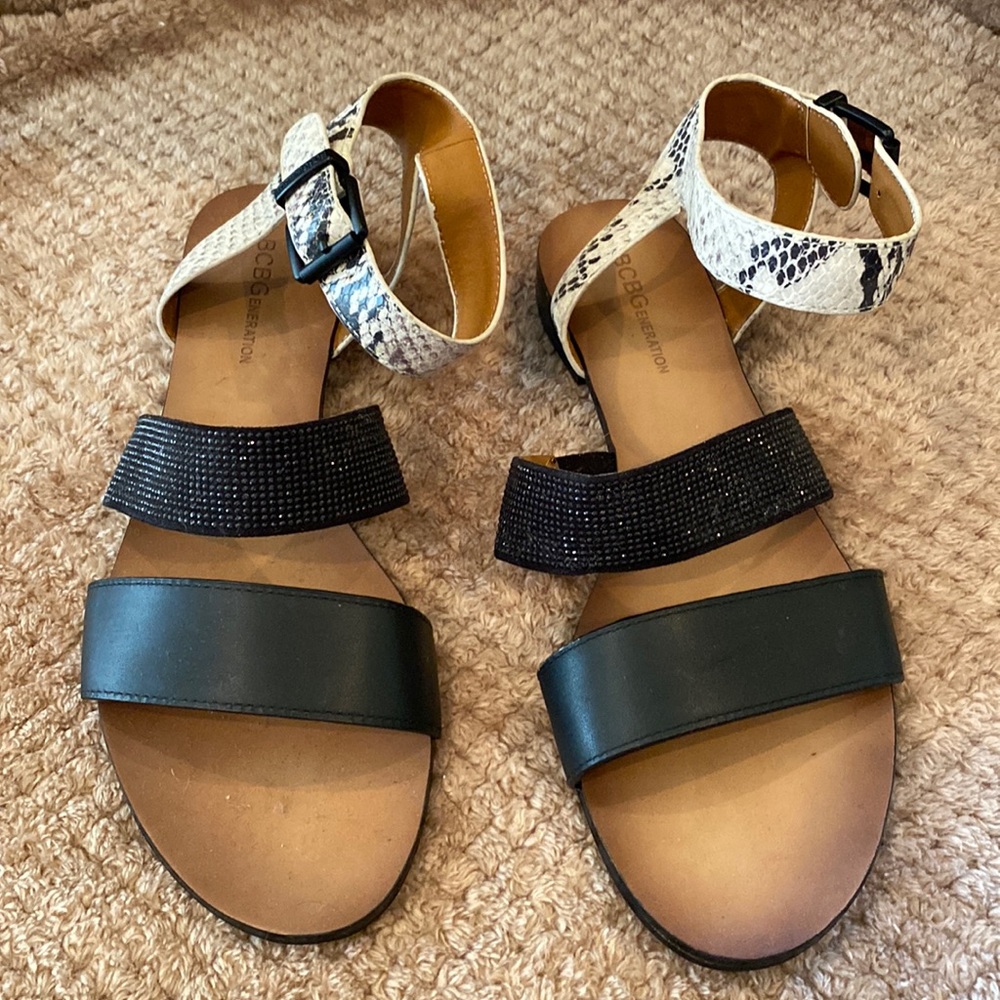BCBG, sandals, 7.5, black, black rhinestone, black and cream snakeskin